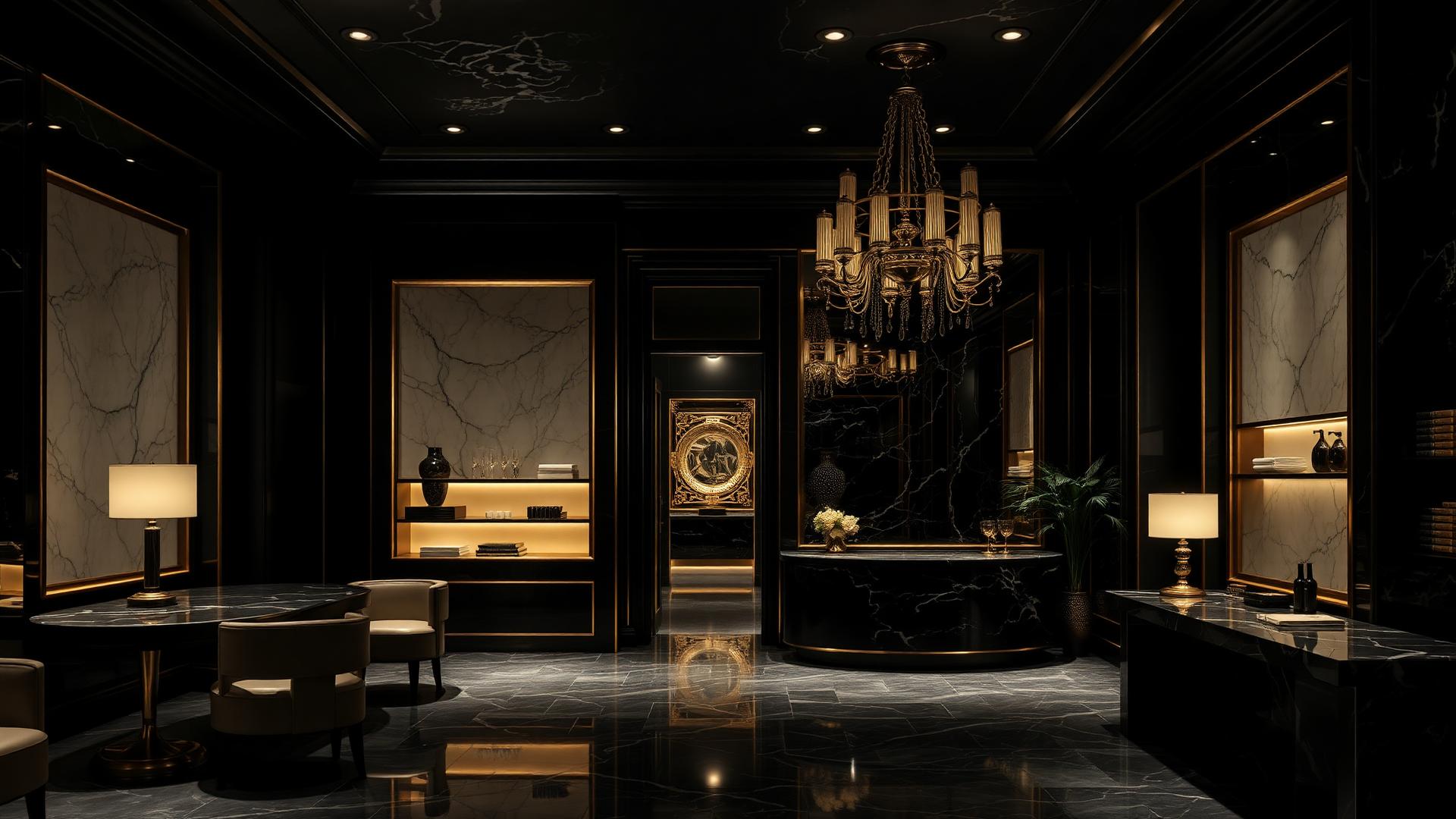 LuxeHaven boutique interior in black marble and gold